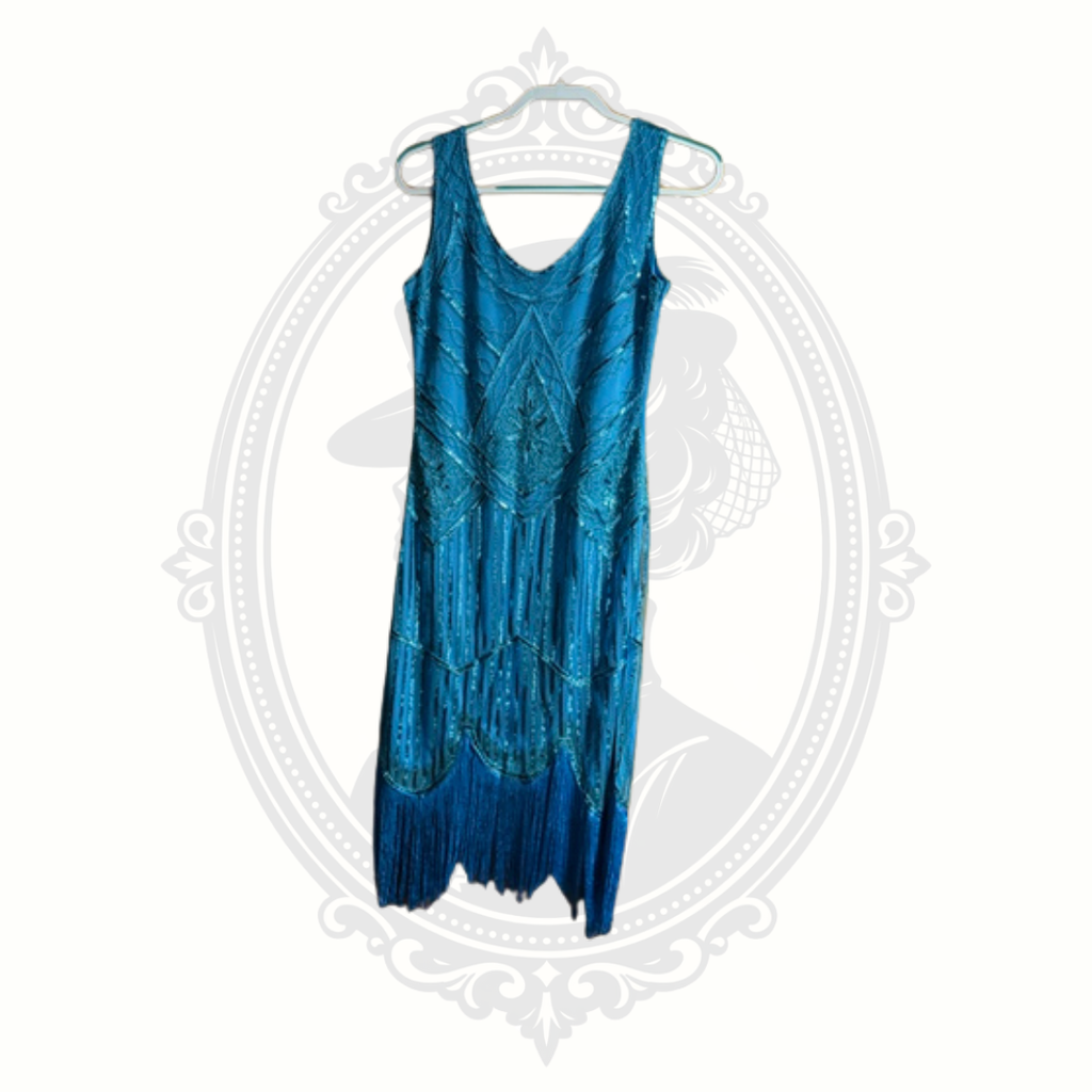 Women's Blue Beaded Fringe Flapper Dress Size Small 1920s Gatsby Art Deco