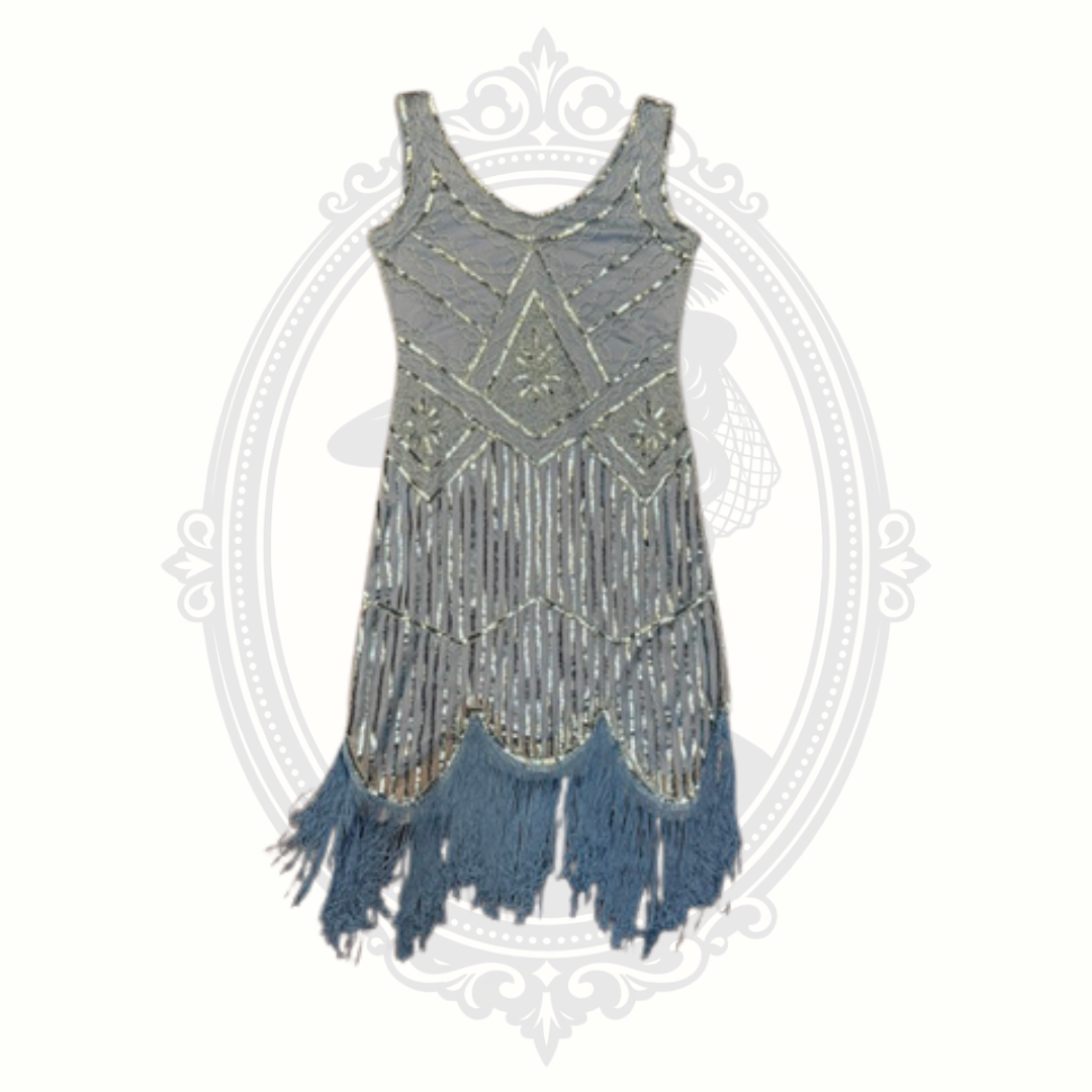 Women's Blue Beaded Fringe Flapper Dress Size Small 1920s Gatsby Art Deco