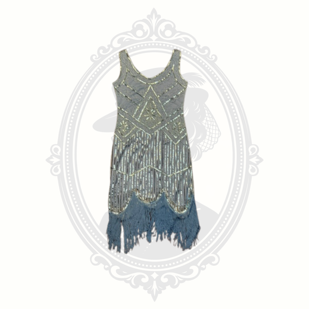 Women's Blue Beaded Fringe Flapper Dress Size Small 1920s Gatsby Art Deco
