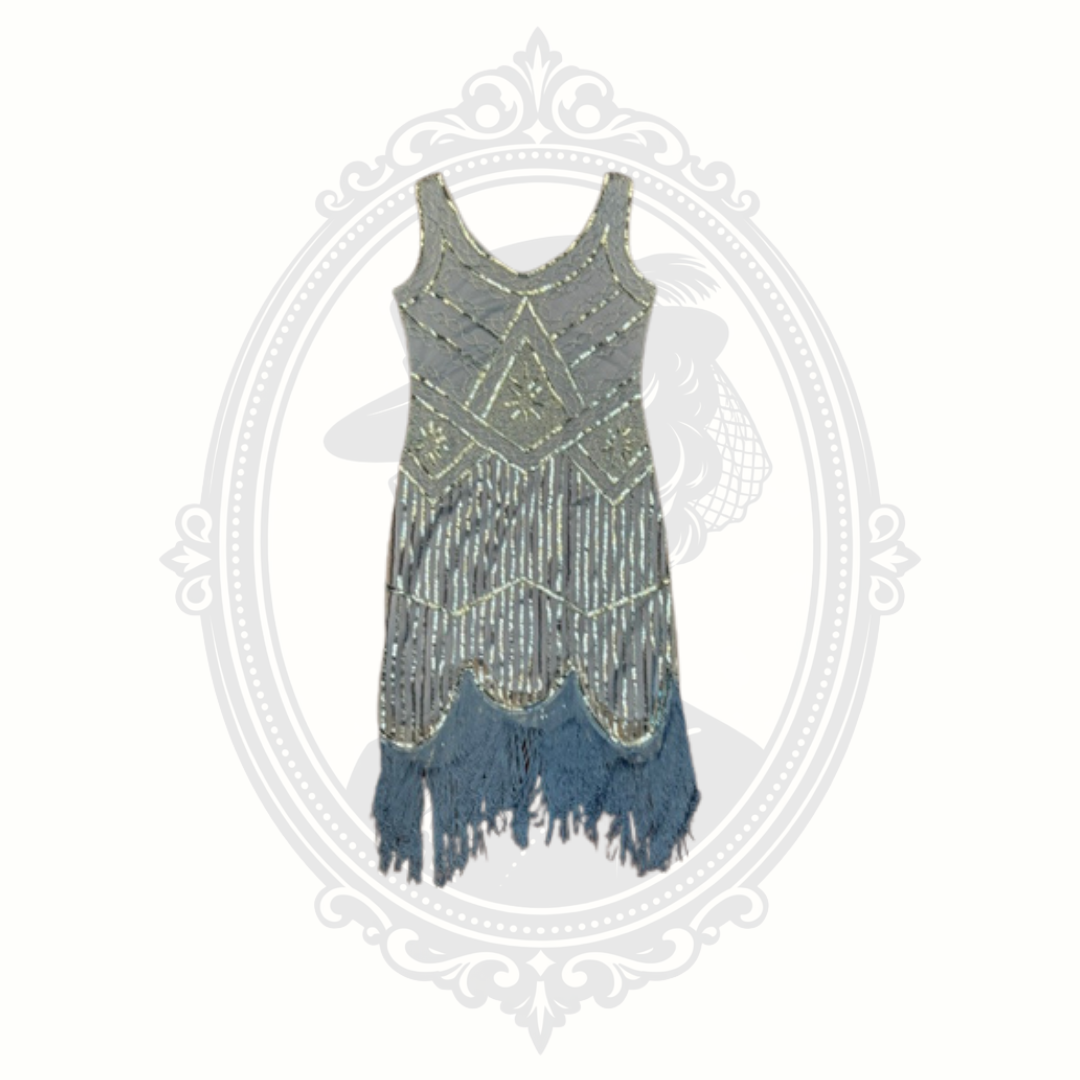 Women's Blue Beaded Fringe Flapper Dress Size Small 1920s Gatsby Art Deco