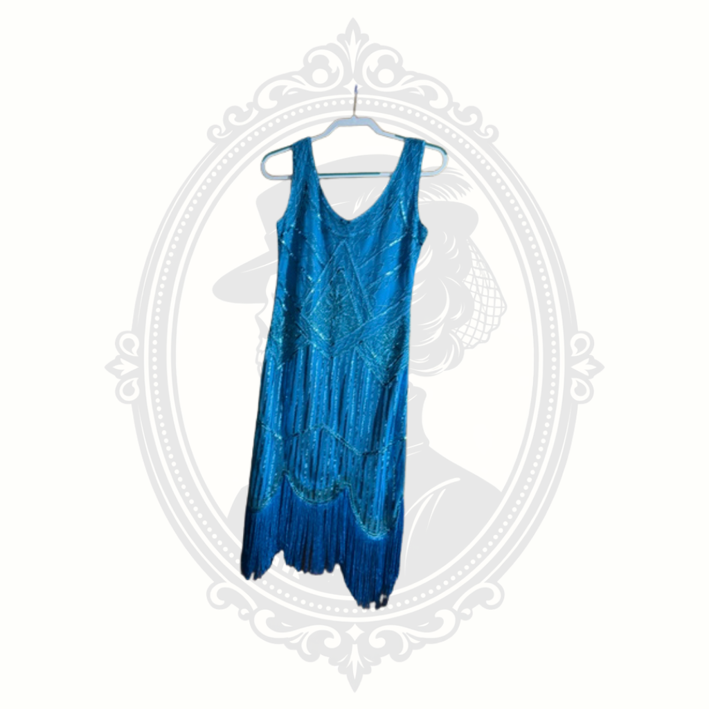 Women's Blue Beaded Fringe Flapper Dress Size Small 1920s Gatsby Art Deco