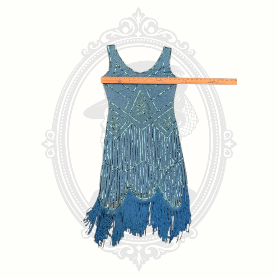 Women's Blue Beaded Fringe Flapper Dress Size Small 1920s Gatsby Art Deco