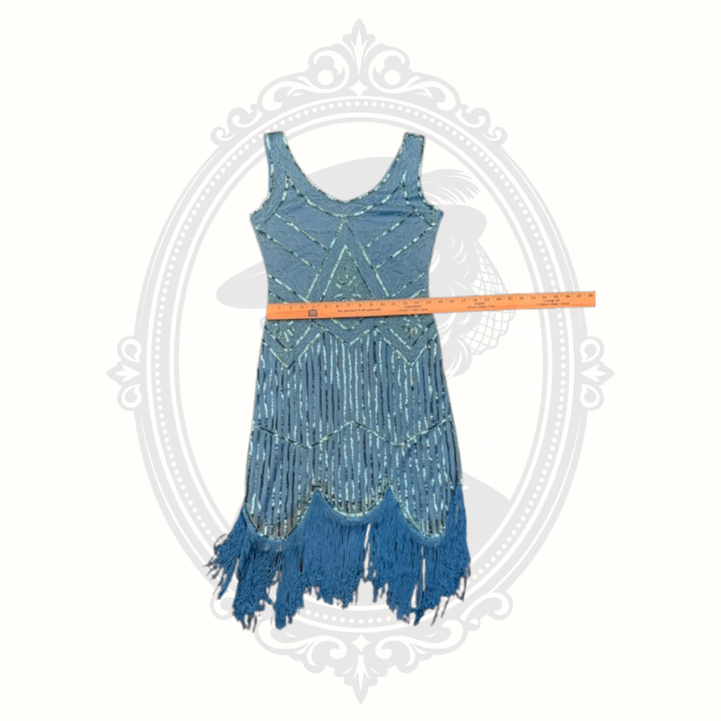 Women's Blue Beaded Fringe Flapper Dress Size Small 1920s Gatsby Art Deco