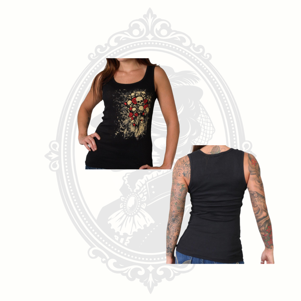 Front and back view of women’s black fitted tank top