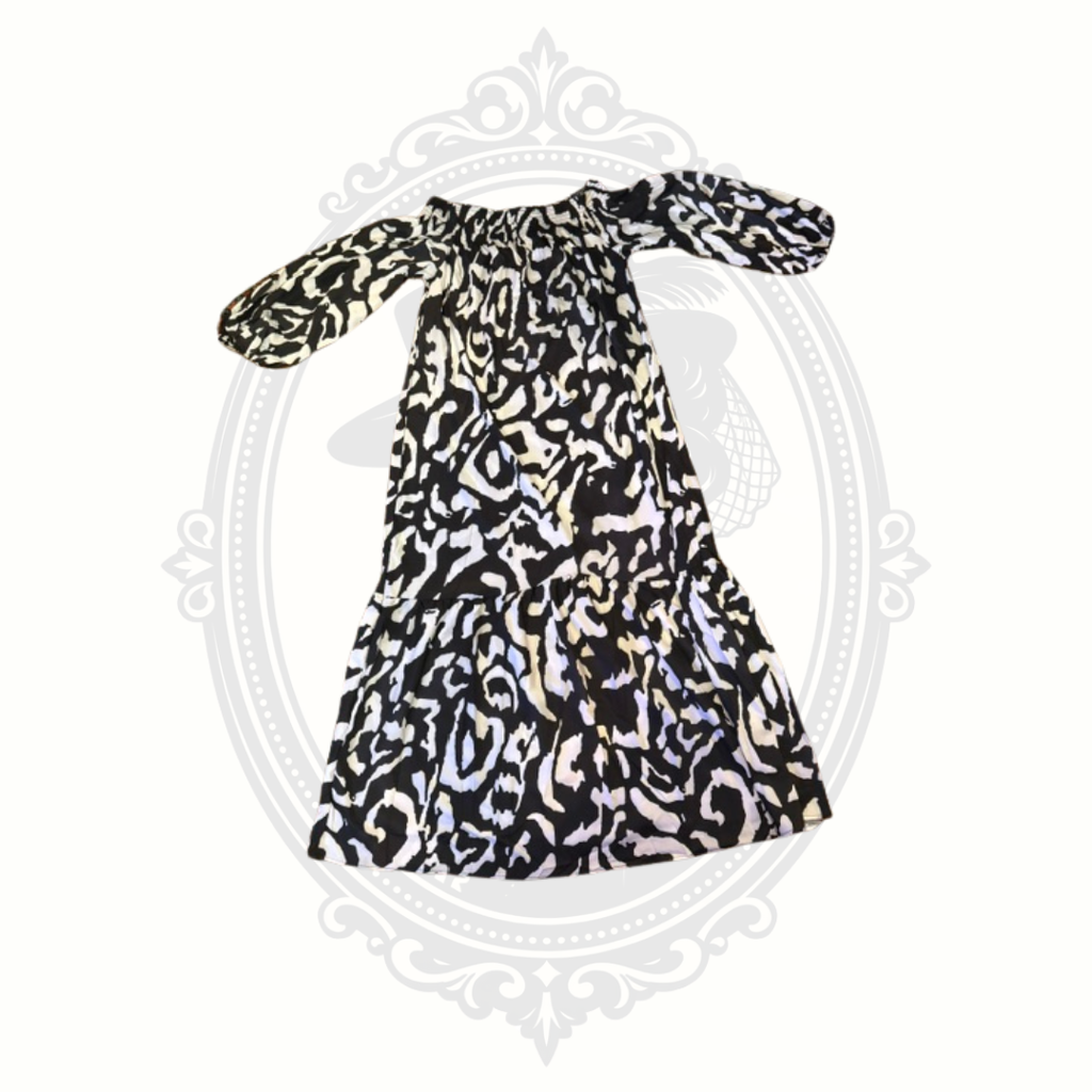 Women's XL Black White Off Shoulder Peasant Dress Abstract Print