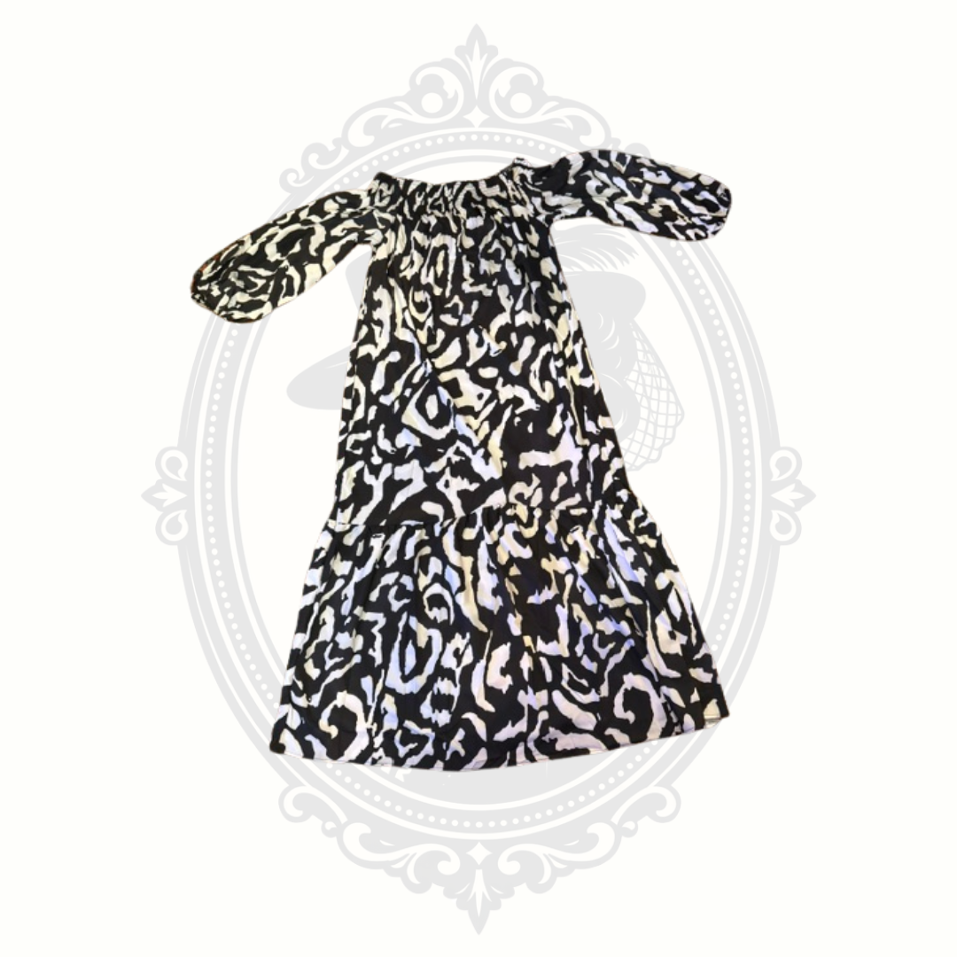 Women's XL Black White Off Shoulder Peasant Dress Abstract Print