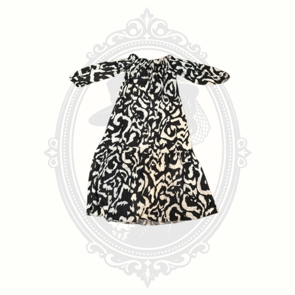 Women's XL Black White Off Shoulder Peasant Dress Abstract Print