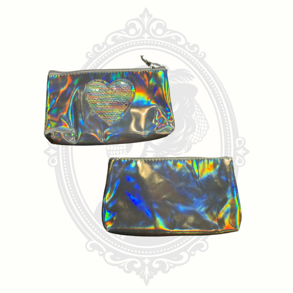 Y2K Silver Holographic Makeup Bag with Reversible Sequin Heart Cosmetic Pouch