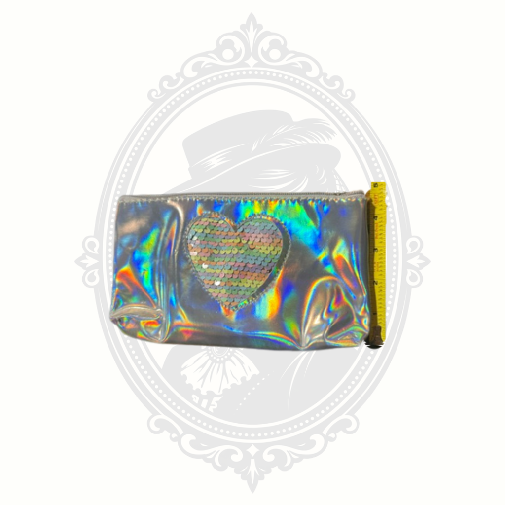 Y2K Silver Holographic Makeup Bag with Reversible Sequin Heart Cosmetic Pouch