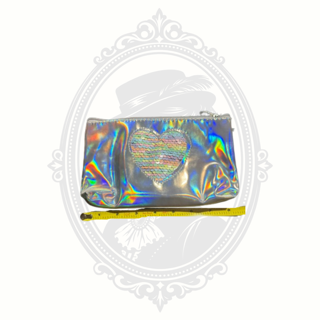 Y2K Silver Holographic Makeup Bag with Reversible Sequin Heart Cosmetic Pouch