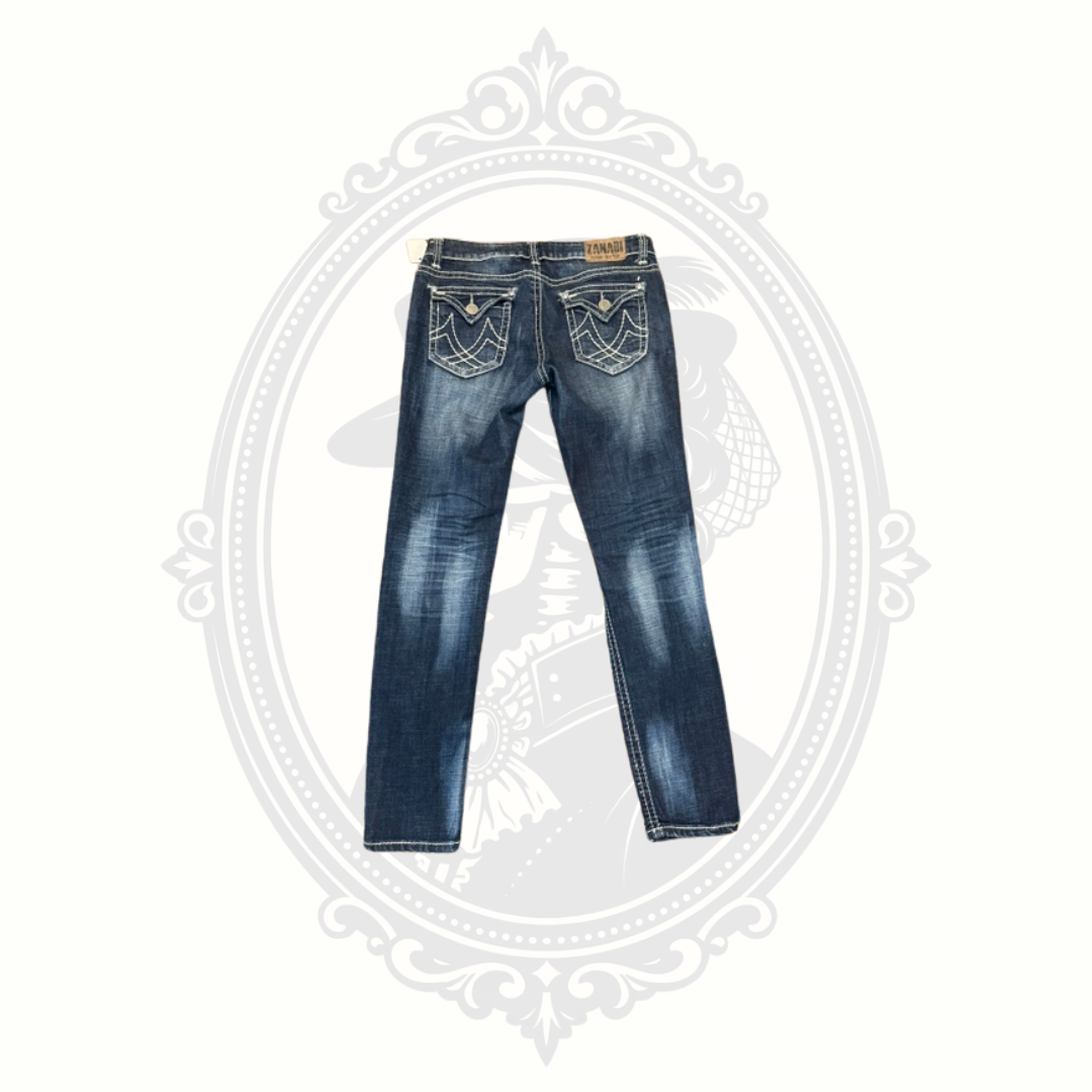 Zanadi distressed skinny jeans back view with embellished pockets size 11
