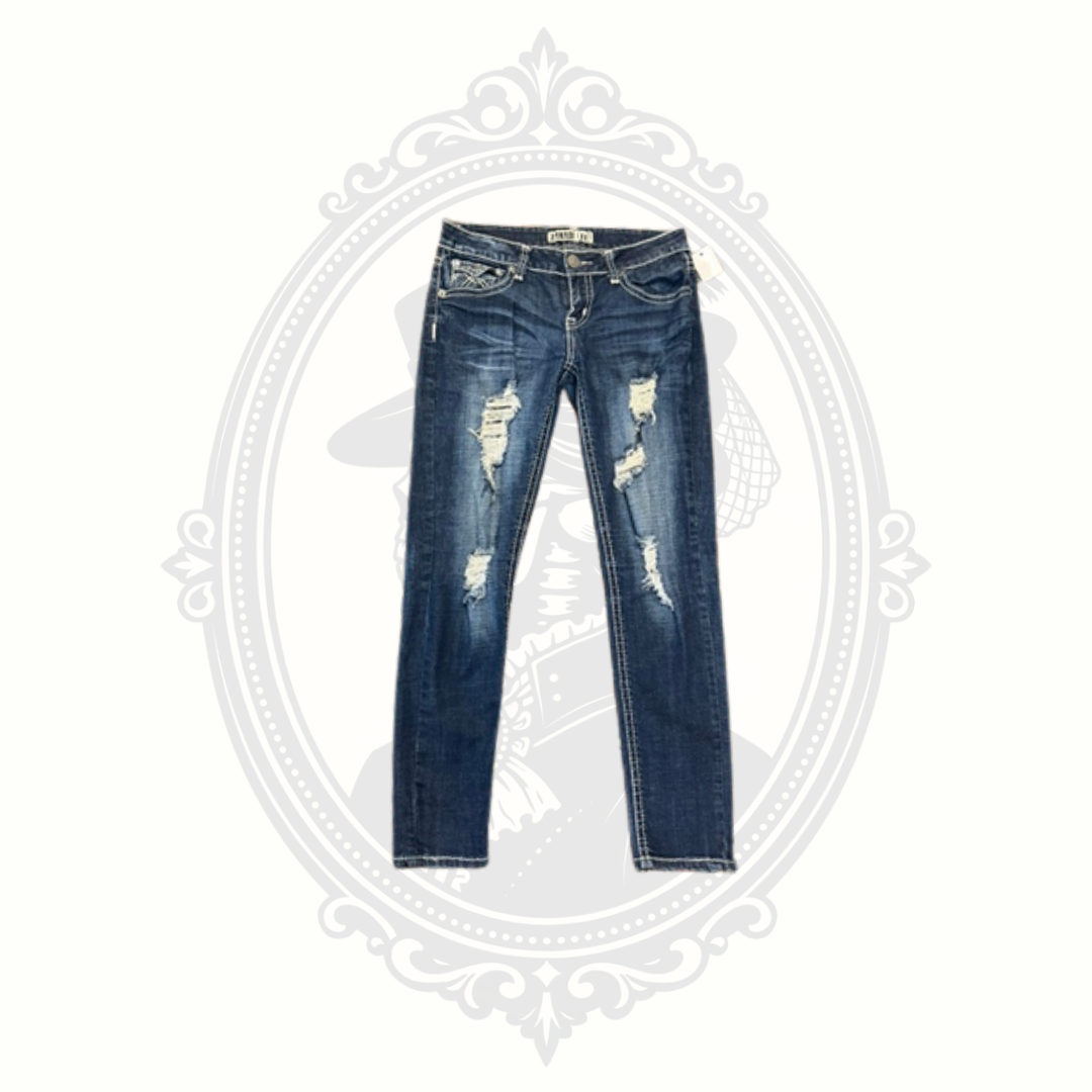 Zanadi distressed skinny jeans front view size 11 dark wash stretch denim